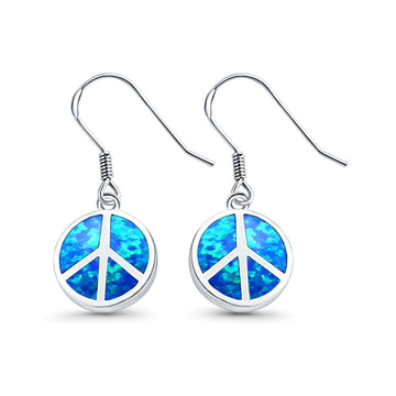 Drop Dangle Peace Sign Earrings Lab Created Blue Opal 925 Sterling Silver(18mm)
